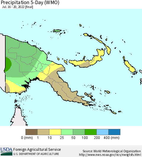 Papua New Guinea Precipitation 5-Day (WMO) Thematic Map For 7/16/2022 - 7/20/2022