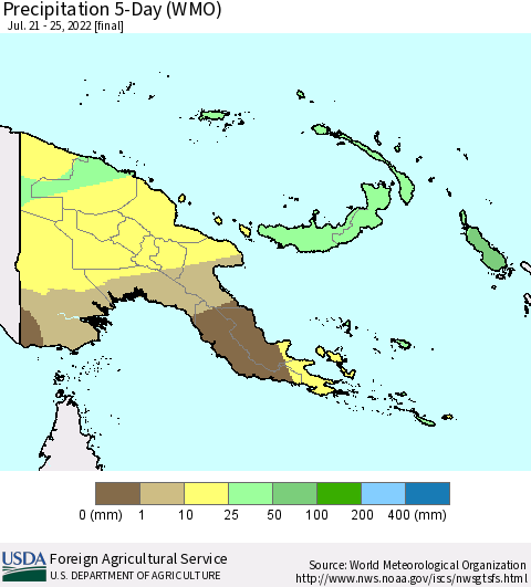 Papua New Guinea Precipitation 5-Day (WMO) Thematic Map For 7/21/2022 - 7/25/2022