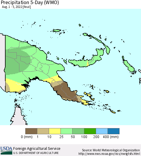 Papua New Guinea Precipitation 5-Day (WMO) Thematic Map For 8/1/2022 - 8/5/2022