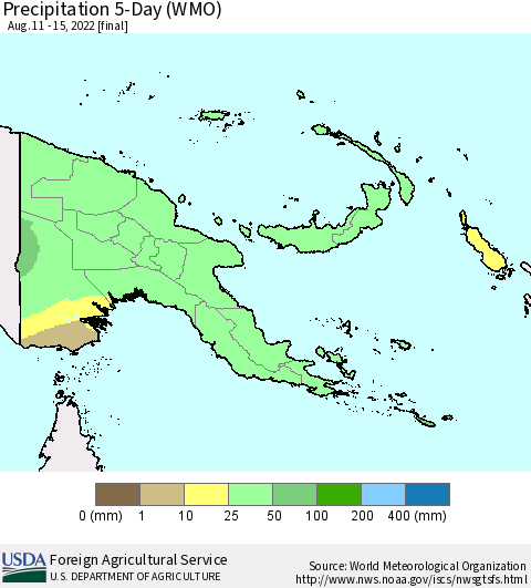 Papua New Guinea Precipitation 5-Day (WMO) Thematic Map For 8/11/2022 - 8/15/2022