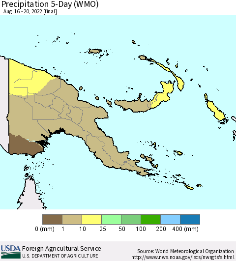 Papua New Guinea Precipitation 5-Day (WMO) Thematic Map For 8/16/2022 - 8/20/2022