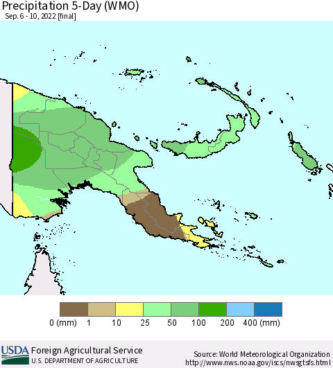 Papua New Guinea Precipitation 5-Day (WMO) Thematic Map For 9/6/2022 - 9/10/2022