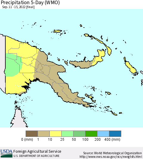 Papua New Guinea Precipitation 5-Day (WMO) Thematic Map For 9/11/2022 - 9/15/2022
