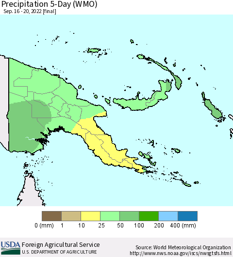 Papua New Guinea Precipitation 5-Day (WMO) Thematic Map For 9/16/2022 - 9/20/2022