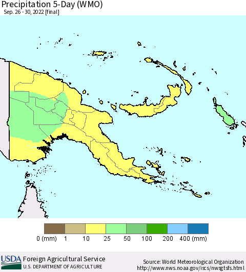 Papua New Guinea Precipitation 5-Day (WMO) Thematic Map For 9/26/2022 - 9/30/2022