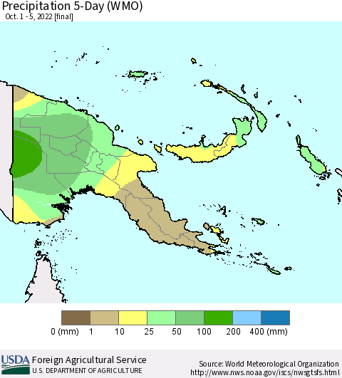 Papua New Guinea Precipitation 5-Day (WMO) Thematic Map For 10/1/2022 - 10/5/2022