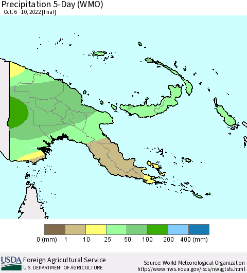 Papua New Guinea Precipitation 5-Day (WMO) Thematic Map For 10/6/2022 - 10/10/2022