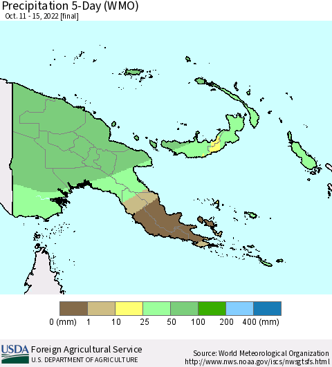 Papua New Guinea Precipitation 5-Day (WMO) Thematic Map For 10/11/2022 - 10/15/2022