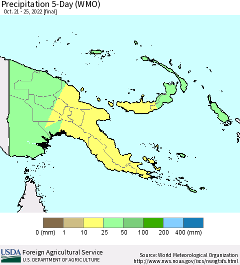 Papua New Guinea Precipitation 5-Day (WMO) Thematic Map For 10/21/2022 - 10/25/2022