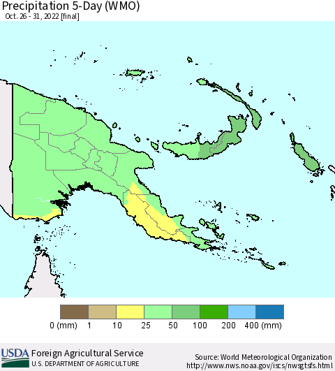 Papua New Guinea Precipitation 5-Day (WMO) Thematic Map For 10/26/2022 - 10/31/2022