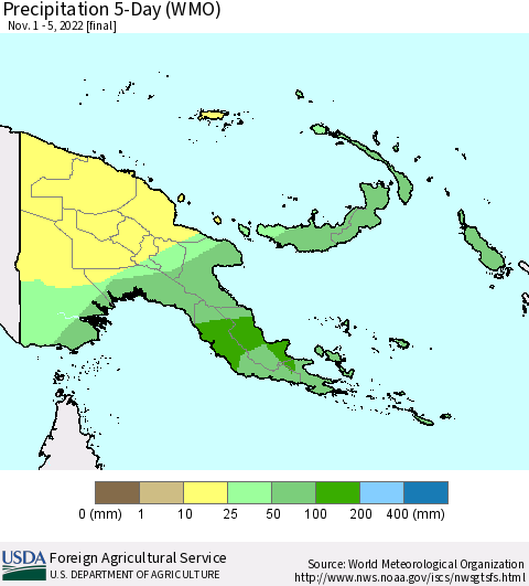 Papua New Guinea Precipitation 5-Day (WMO) Thematic Map For 11/1/2022 - 11/5/2022