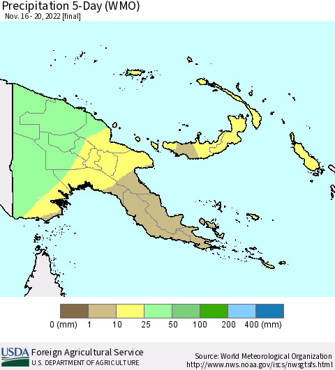 Papua New Guinea Precipitation 5-Day (WMO) Thematic Map For 11/16/2022 - 11/20/2022