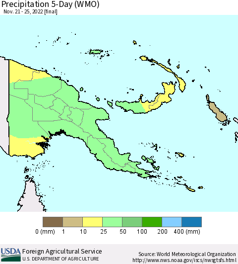 Papua New Guinea Precipitation 5-Day (WMO) Thematic Map For 11/21/2022 - 11/25/2022