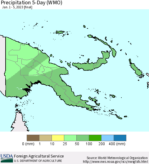 Papua New Guinea Precipitation 5-Day (WMO) Thematic Map For 1/1/2023 - 1/5/2023