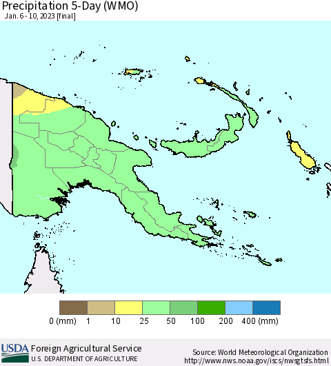 Papua New Guinea Precipitation 5-Day (WMO) Thematic Map For 1/6/2023 - 1/10/2023