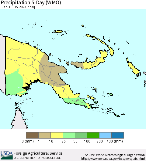 Papua New Guinea Precipitation 5-Day (WMO) Thematic Map For 1/11/2023 - 1/15/2023