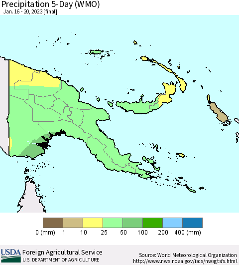 Papua New Guinea Precipitation 5-Day (WMO) Thematic Map For 1/16/2023 - 1/20/2023