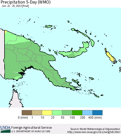 Papua New Guinea Precipitation 5-Day (WMO) Thematic Map For 1/21/2023 - 1/25/2023