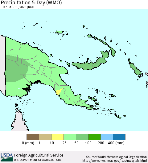Papua New Guinea Precipitation 5-Day (WMO) Thematic Map For 1/26/2023 - 1/31/2023