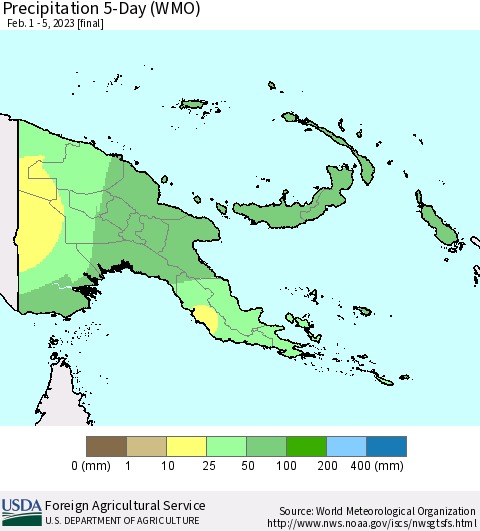 Papua New Guinea Precipitation 5-Day (WMO) Thematic Map For 2/1/2023 - 2/5/2023