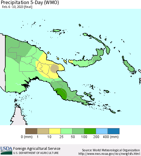 Papua New Guinea Precipitation 5-Day (WMO) Thematic Map For 2/6/2023 - 2/10/2023