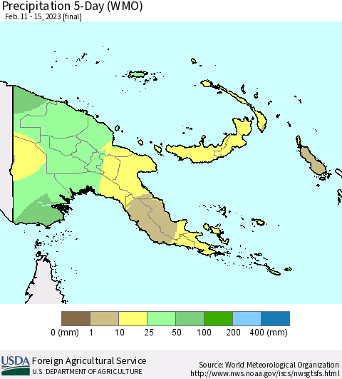 Papua New Guinea Precipitation 5-Day (WMO) Thematic Map For 2/11/2023 - 2/15/2023