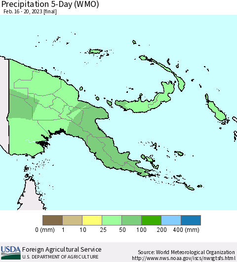 Papua New Guinea Precipitation 5-Day (WMO) Thematic Map For 2/16/2023 - 2/20/2023