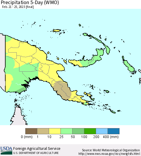 Papua New Guinea Precipitation 5-Day (WMO) Thematic Map For 2/21/2023 - 2/25/2023