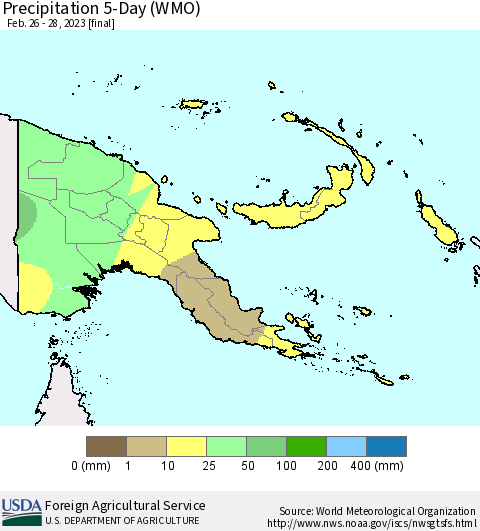 Papua New Guinea Precipitation 5-Day (WMO) Thematic Map For 2/26/2023 - 2/28/2023