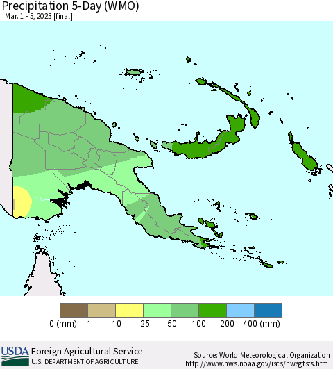 Papua New Guinea Precipitation 5-Day (WMO) Thematic Map For 3/1/2023 - 3/5/2023