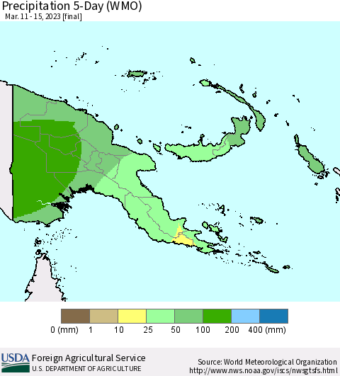 Papua New Guinea Precipitation 5-Day (WMO) Thematic Map For 3/11/2023 - 3/15/2023