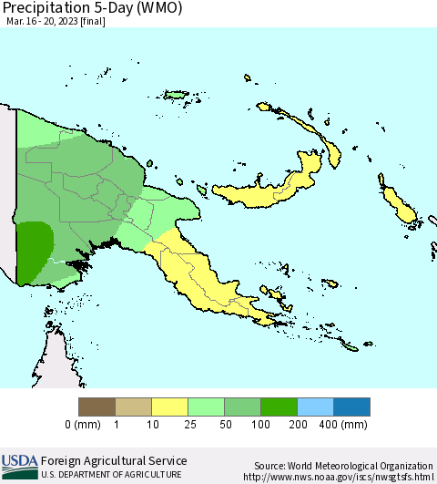 Papua New Guinea Precipitation 5-Day (WMO) Thematic Map For 3/16/2023 - 3/20/2023