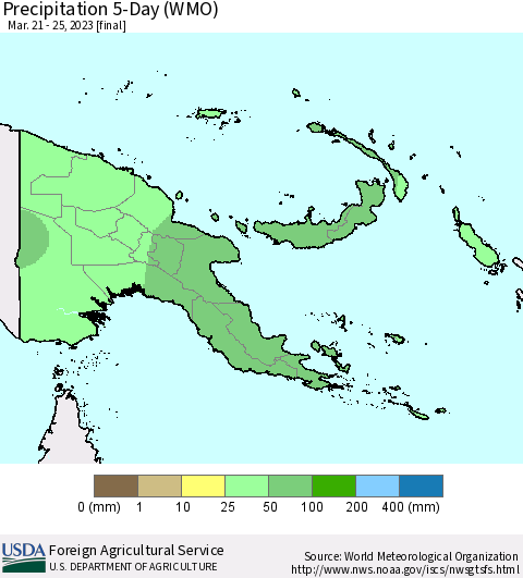 Papua New Guinea Precipitation 5-Day (WMO) Thematic Map For 3/21/2023 - 3/25/2023