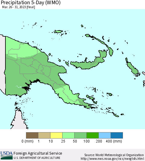 Papua New Guinea Precipitation 5-Day (WMO) Thematic Map For 3/26/2023 - 3/31/2023