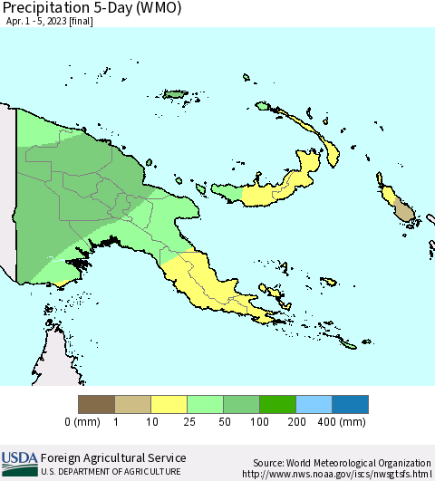 Papua New Guinea Precipitation 5-Day (WMO) Thematic Map For 4/1/2023 - 4/5/2023