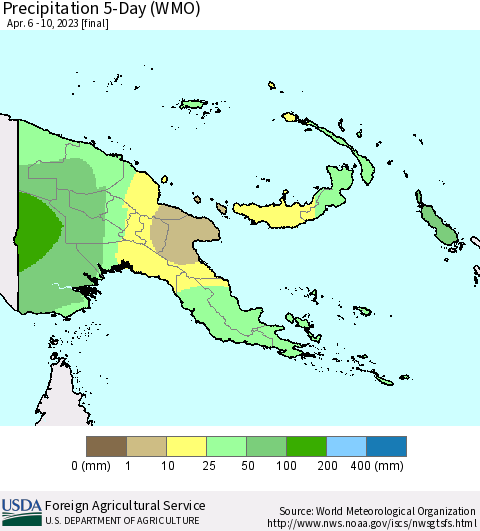 Papua New Guinea Precipitation 5-Day (WMO) Thematic Map For 4/6/2023 - 4/10/2023