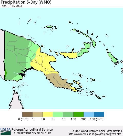 Papua New Guinea Precipitation 5-Day (WMO) Thematic Map For 4/11/2023 - 4/15/2023