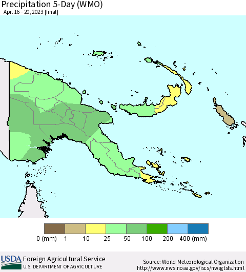 Papua New Guinea Precipitation 5-Day (WMO) Thematic Map For 4/16/2023 - 4/20/2023