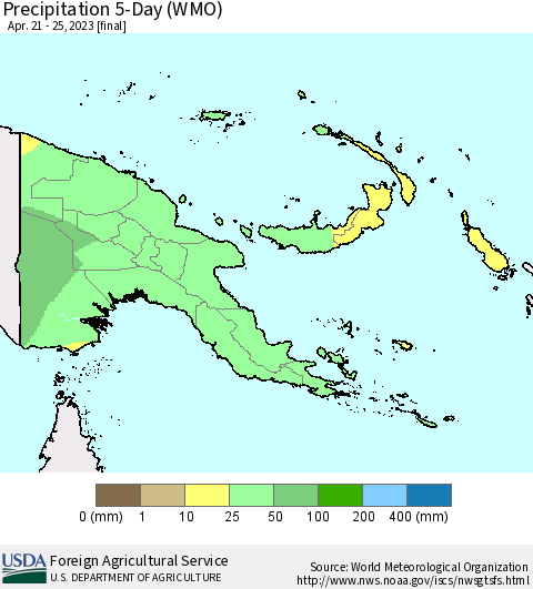 Papua New Guinea Precipitation 5-Day (WMO) Thematic Map For 4/21/2023 - 4/25/2023