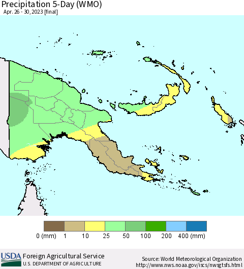 Papua New Guinea Precipitation 5-Day (WMO) Thematic Map For 4/26/2023 - 4/30/2023
