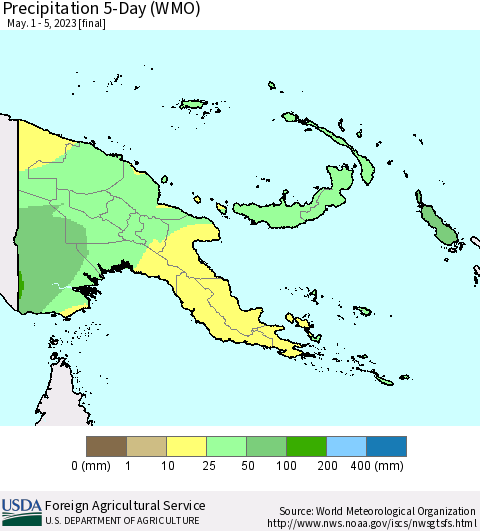 Papua New Guinea Precipitation 5-Day (WMO) Thematic Map For 5/1/2023 - 5/5/2023
