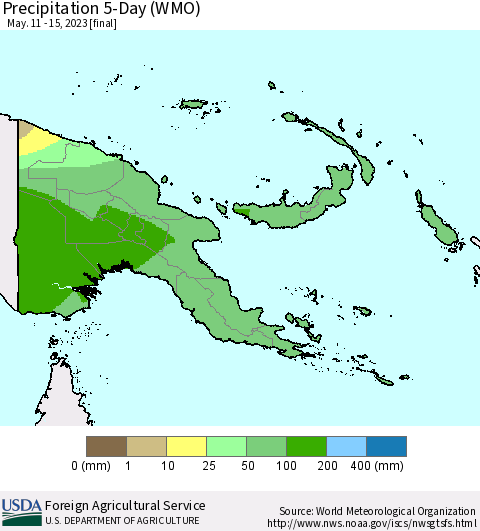 Papua New Guinea Precipitation 5-Day (WMO) Thematic Map For 5/11/2023 - 5/15/2023