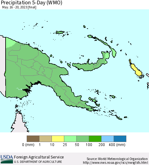 Papua New Guinea Precipitation 5-Day (WMO) Thematic Map For 5/16/2023 - 5/20/2023