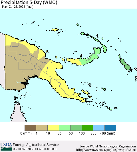 Papua New Guinea Precipitation 5-Day (WMO) Thematic Map For 5/21/2023 - 5/25/2023