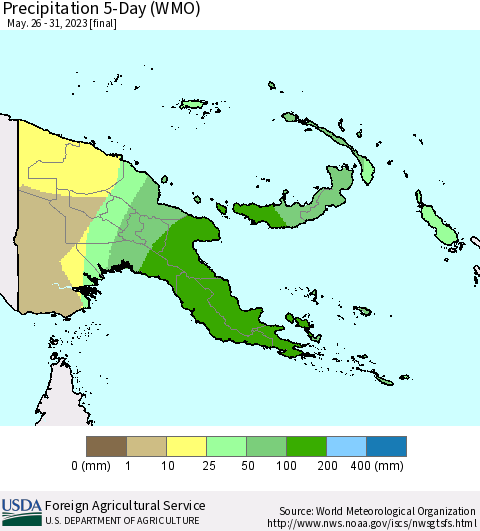 Papua New Guinea Precipitation 5-Day (WMO) Thematic Map For 5/26/2023 - 5/31/2023