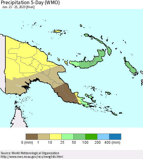 Papua New Guinea Precipitation 5-Day (WMO) Thematic Map For 6/21/2023 - 6/25/2023