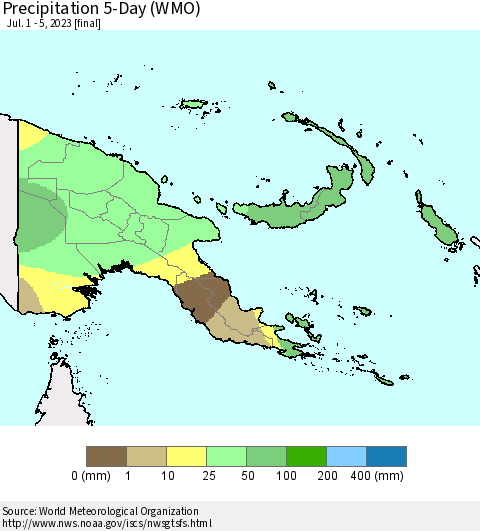 Papua New Guinea Precipitation 5-Day (WMO) Thematic Map For 7/1/2023 - 7/5/2023