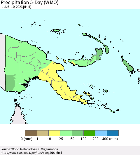 Papua New Guinea Precipitation 5-Day (WMO) Thematic Map For 7/6/2023 - 7/10/2023