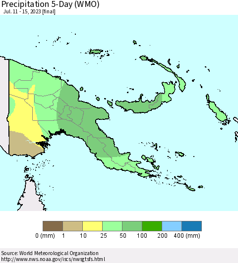 Papua New Guinea Precipitation 5-Day (WMO) Thematic Map For 7/11/2023 - 7/15/2023