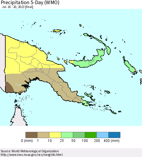 Papua New Guinea Precipitation 5-Day (WMO) Thematic Map For 7/16/2023 - 7/20/2023